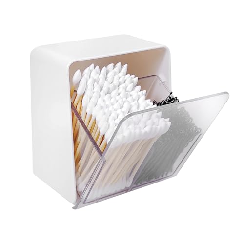 HFZRZFH Q-Tip Holder with 2 Compartments, Clear Canister, Removable Divider, for Q-Tips, Cotton Swabs, Balls, Rounds, Floss, Bathroom Countertop Organizer, White