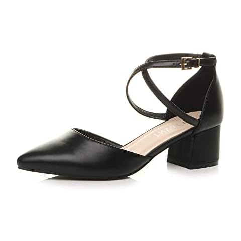Ajvani Womens Ladies mid Block Heel Cross Strap Evening Mary Jane Court Shoes Size 4 37 Black Matte Cover
