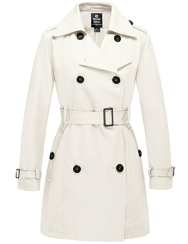 Wantdo Gabardina Impermeable con Doble Botonadura para Mujer Abrigo Ligero a Prueba de Viento Charreteras con Cinturón Chaqueta Ajustada Blanco 40