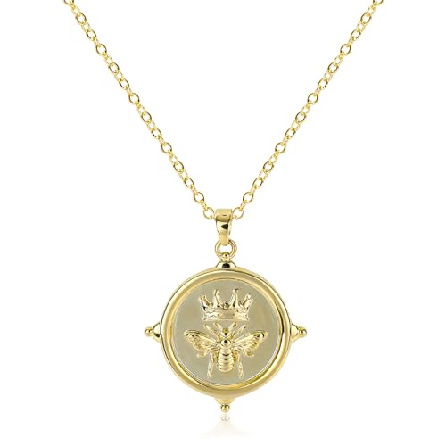 NEKOL Gold Crown Bee Pendant Necklace for Women 14K Gold Plated Bee Coin Disc Pendant Necklace Bee Charm Medallion Necklace Animal Bumble Bee Adjustable Chain Trendy Jewelry Gift for Her
