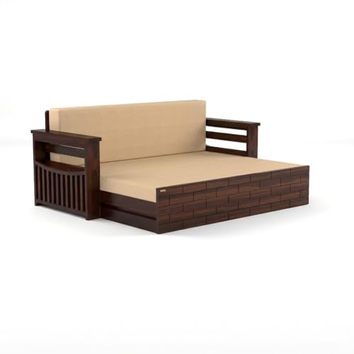 Image of Sheesham Wooden 3 Seater Sofa Cum Bed with Storage - Modern Daybed with Upholstered Backrest | Living Room Convertible Sofa Bed - Wooden Sofa Cum Bed with Mattress (Design 4)