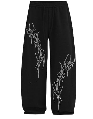 Image of Aesthetic Gothic Wide Leg Pants for Men | Tribal Print Baggy Streetwear | Oversized Track Pants with Elastic Waist | Black and White Relaxed Fit Bottoms