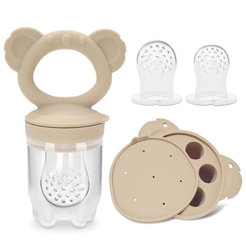 Image of Qkie Koala Baby Feeder Set, Silicone Baby Fruit Feeder with Koala Freezer Tray – Safely Introduce New Foods, Teething Relief – Perfect for Breast Milk & Self-Feeding for Babies & Infants (Cream)