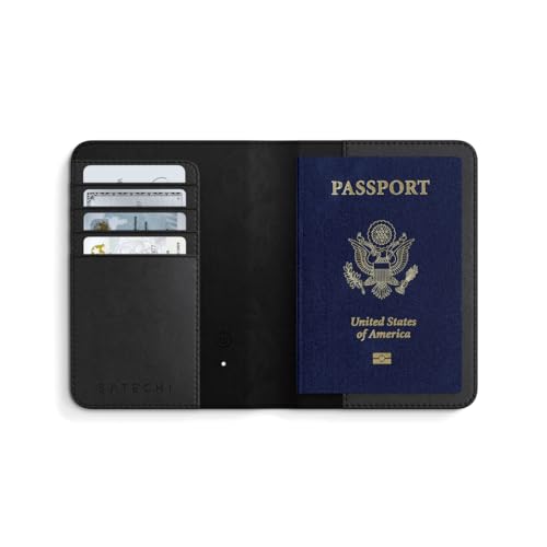 Satechi Suporte de passaporte para viagem com Find My, com compartimento para 4 cartões, carregamento sem fio e proteção RFID – Suporte para passaporte de couro vegano essencial para viagem – Preto