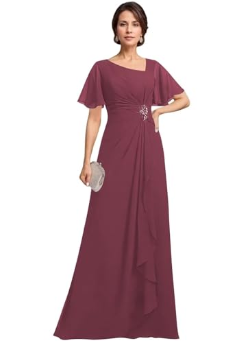 Asymmetrical Neck Mother of The Bride Dresses with Pockets Ruffles Sleeves Chiffon Formal Evening Gowns