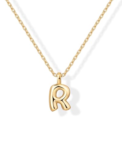 PAVOI 14K Yellow Gold Plated Bubble Initial Letter Pendant Necklace for Women - Chunky Alphabet Necklace Letter R