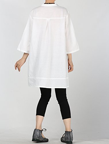 Mordenmiss Women's Cotton Linen Blouse V-Neck Tunic Tops 3/4 Sleeve Shirt Clothing L White #TOP3