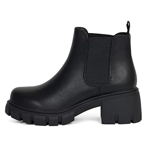 Kassie Daniela CARMEN Women's Lug Sole Mid Heel Chelsea Fashion Ankle Bootie w/Double Elastic Gore (BLACK, 7) Cover