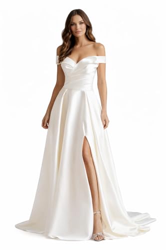 Off Shoulder Minimalist Wedding Dress for Bride 2026 Long V Neck Satin Bridal Gown with Train Romantic Ivory Formal Dress for Elopement Size 12