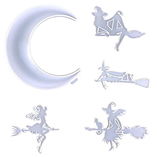 CYKT 5 Pcs Moldes de Silicona de Bruja para Resina | Moldes de fundición de Resina epoxi de Halloween Bruja y Luna | Molde de Silicona de Resina para decoración de Fiestas de Manualidades de Resina Cover