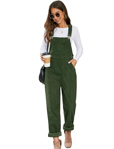 Flygo Corduroy Overalls for Women Loose Fit Adjustable Straps Long Bib Pants Wide Leg Jumpsuits with Pockets(ArmyGreen-L)