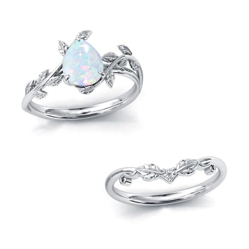 10k/14k/18k Solid Gold 1.5CT Pear Gemstone Vintage Bridal Ring Set for Women Nature Inspired Leaf Vine Art Deco Birthstone Rings Sets Anniversary Engagement Jewelry Gifts for Her Wife Size 4~124