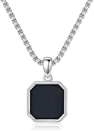 BEAUTIVIA Men's Jewellery Black Chain For Men Women Boys Girls Geometric Square Stainless Steel Black Locket Pendant Neckl...