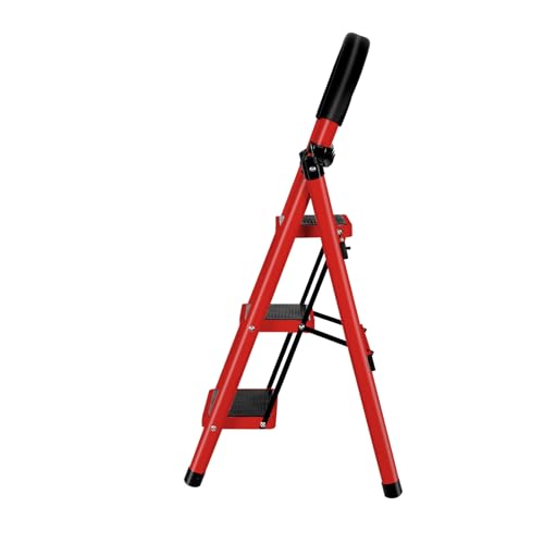 Escalera plegable con mano corredera de 3 peldaños – antideslizante, fácil de guardar, pasos anchos, color rojo