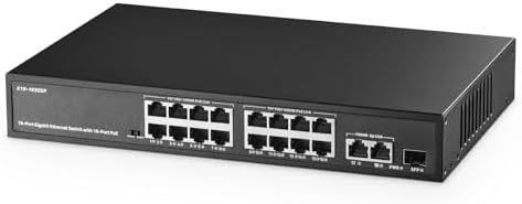 Binardat 19 Port Gigabit POE Switch, 16 Ports POE+ 1000Mbps, 2 Gigabit Uplink, 1 Gigabit SFP, IEEE802.3af/at, 300W Internal Power Supply, Metal Case Unmanaged Plug and Play