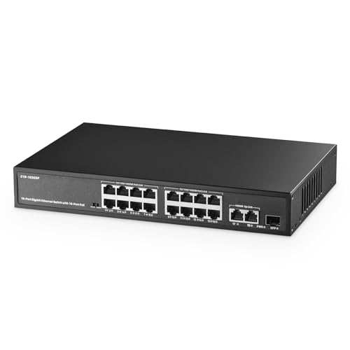 Binardat 19 Port Gigabit POE Switch, 16 Ports POE+ 1000Mbps, 2 Gigabit Uplink, 1 Gigabit SFP, IEEE802.3af/at, 300W Internal Power Supply, Metal Case Unmanaged Plug and Play