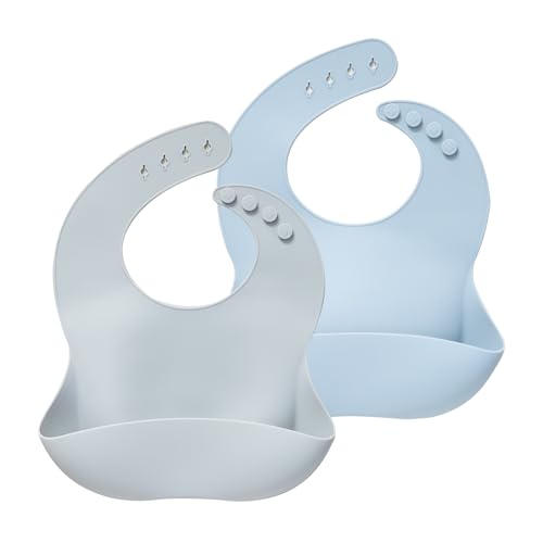 Image of Moonkie Silicone Baby Bibs Set of 2, BPA Free Waterproof Baby Bibs for Eating, Soft Adjustable Silicone Bibs for Babies 6-12 Months, Toddler Bibs with Large Pocket Food Catcher (Light Grey/Blue Fog)