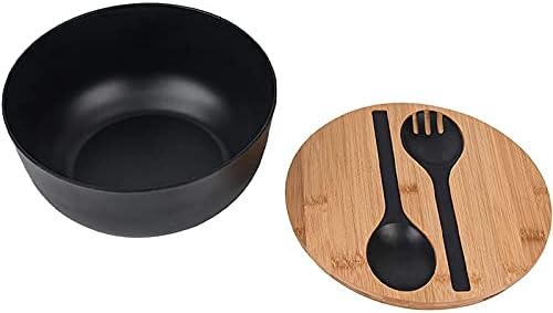 Miniatura 2 de Ensaladera grande de fibra de bambú de 9.8 pulgadas con juego de servidores (tapa de madera de bambú) para ensaladas de frutas, negro