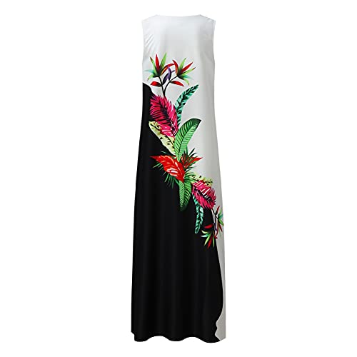 Izzzhh Summer Women's Casual V-Neck Printed Long Sleeveless Loose Long Dress With Pockets Multi-Pattern, White, X-Large #TOP3