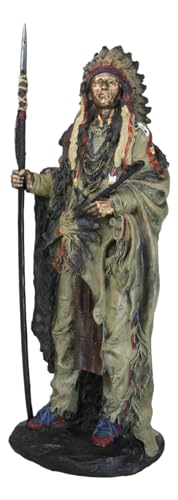 Ebros Native American Indian Warrior Chief In Animal Coat and Battle Headdress Statue Strength And Wisdom Leader Of The Tribe As Home Decor Sculpture Shelf Adornment Cultural Heritage History Figurine