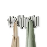 Umbra Sticks Wall-Mounted Coat Rack Rail Hook with 5 Retractable Pegs – Modern, Space-Saving Storage Organizer, Grey