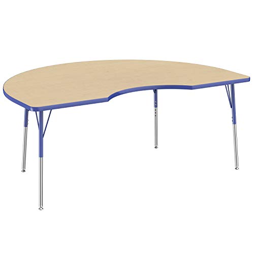 Image of FDP Kidney Activity School and Office Table (48 x 72 inch), Standard Legs with Swivel Glides for Collaborative Seating Environments, Adjustable Height 19-30 inches - Maple Top and Blue Edge