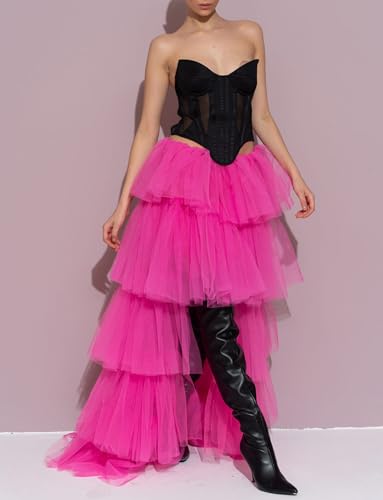 Women's Rave Skirt High Low Layered Mesh Tutu Tulle Long Skirts Elastic Waist Festival Party Wedding Dress Bottoms (Hot Pink, One Size)3