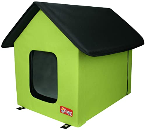 ECP Indoor/Outdoor Small Dog and Cat House - Fleece Heated Bed, Ties Downs for Secure Placement, Two Exits, Weather-Proof, and Foldable - Lime/Black