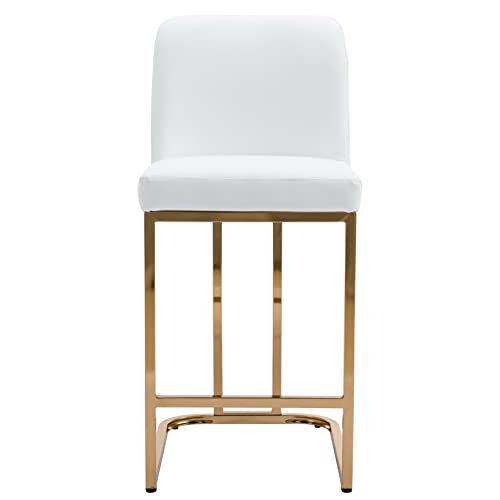 Bestano Mid-Century Modern Counter Height Bar Stools With Gold Metal Base And Footrest, 24" Pu Faux Leather Upholstered Counter Stool Chairs For Kitchen Island Set Of 4, White #TOP4