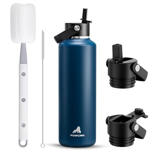 POWCAN 24 oz Insulated Stainless Steel Water Bottle with 2 Lids, Straw & Spout Lid, Cleaning Brush, Leakproof, Keep Cold 24H, Cupholder Friendly for School, Sport, Outdoors (Indigo)