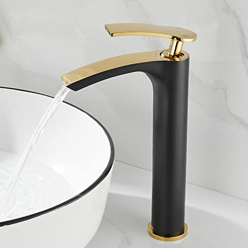 Robinet de salle de bain cascade en laiton chic noir et or pour vasque haute
