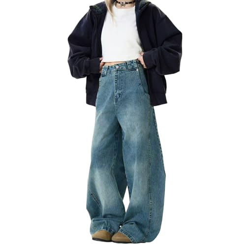 Jeans Pants Trousers Denim Retro Washed Blue Trendy Street Loose Wide Leg Casual Commuting Straight for Man