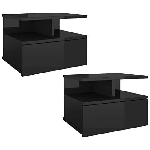 vidaXL 2X Tables de Chevet Flottantes Table de Nuit Murale Armoire de Chevet avec Un Tiroir Chambre à Coucher Maison Noir Brillant 40x31x27 cm Aggloméré