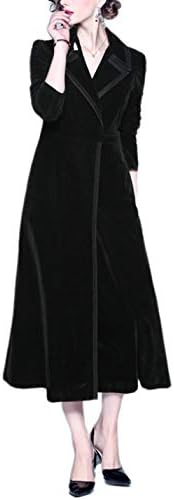 Omoone Women's Slim Notch Lapel Maxi Long Vintage Velvet Trench Coat Dress(1128-Black-XS)