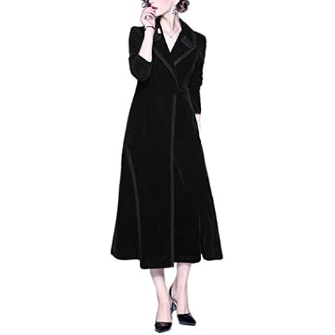 Omoone Women's Slim Notch Lapel Maxi Long Vintage Velvet Trench Coat Dress - Black - Large Cover