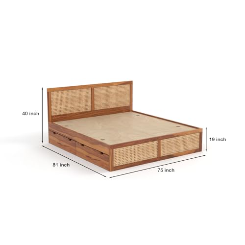 Image of Sheesham Wood Cane Bed with Drawer Storage for Bedroom | King Size Wooden Double Bed Palang with Rattan Headboard & Footboard (Honey Finish)