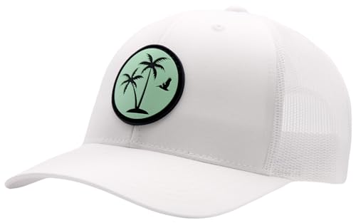 Image of LINDO Trucker Hat [ Palm Tree 2.0 Design ] for Men and Women: Mid Profile Cap with Breathable Mesh Back and Adjustable Snap