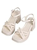 Women's Fashionable Cross Strap Heeled Sandals Trending Shoes Casual Comfortable High Heel Sandals for Daily Wear Trendy All-match Platform Slides Summer Dress Shoes No Slip Sole Cruise Vacation (Beige,8)