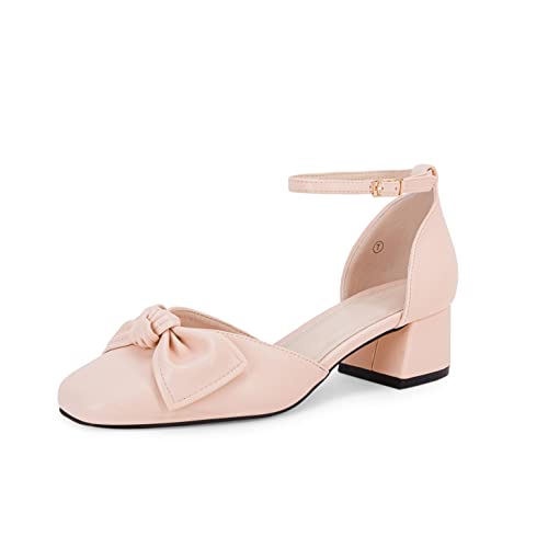 Coutgo Womens' Bowknot Ankle Strap Pumps Low Chunky Block Heels Closed Toe Heeled Sandals #TOP14