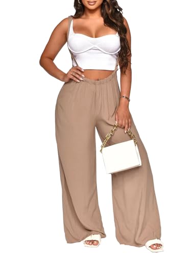 Nimsruc Womens Jumpsuit Adjustable Strap Wide Leg Overalls Light Khaki S