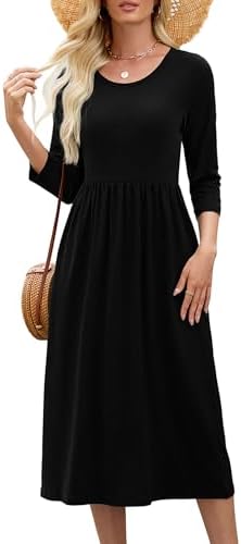 Heymoments Women's Casual 3/4 Sleeve Midi Dress Crewneck A Line Tiered Flowy Loose Travel 2025 Long Dresses with Pockets