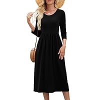 Heymoments Women's 3/4 Sleeve Midi Dress A Line Crewneck Casual Flowy Swing Floral T Shirt Black Large Dress with Pockets Ladies Comfy Beach Vacation Sundress