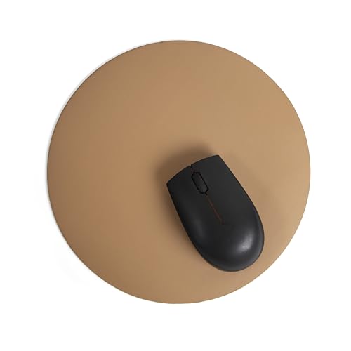 Image of Bellblock Round Mouse Pad | Computer Mouse Mat | Vegan PU Leather | Anti-Slip | Smooth Mouse Control | Spill-Resistant Surface | Black & Tan Brown | Diameter 22 cm (Pack of 1)