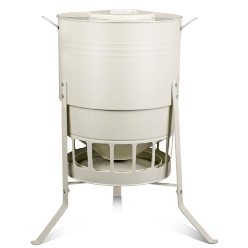 JonesHouseDeco 23kg Galvanisé Mangeoire pour Poules Blance Anti Gaspillage Mangeoire Poules Anti Nuisible Automatique en Métal avec 16 Orifices pour Poules Canards et Oies 43L