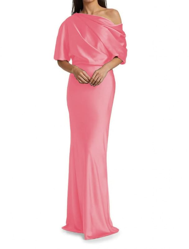 Image of Mermaid Satin Mother of The Bride Dresses for Women Ruched One Shoulder Formal Evening Gowns