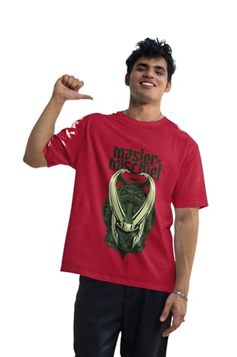 Image of SYOM Men's Oversized Graphic T-Shirt - Half Sleeve, Round Neck, Cotton-Blend Drop Shoulder Tee with inchLoki inch Logo & inchMaster Mischief inch Print