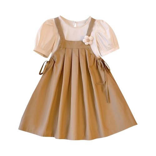 Girls 2-Piece Overalls Sets Kids Round Neck Short Sleeve Tops Pleated Suspenders Pants Teen Summer Casual Baggy Fashion(Khaki, 13-14 Years)