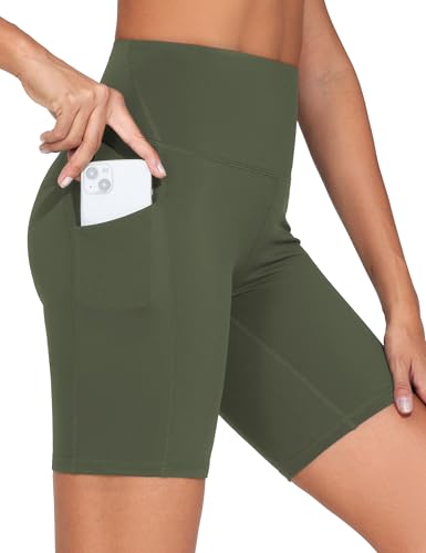 THE GYM PEOPLE Women's High Waist Workout Shorts Stretchy Tummy Control Yoga Biker Running Shorts with Pockets Olive Green