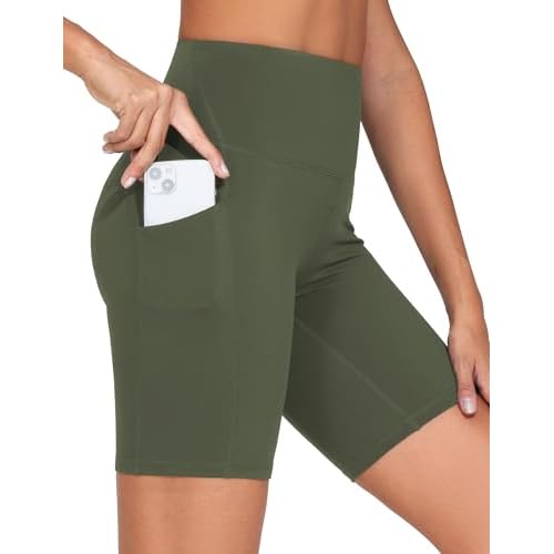 THE GYM PEOPLE Women's High Waist Workout Shorts Stretchy Tummy Control Yoga Biker Running Shorts with Pockets Regular Fit Large Olive Green