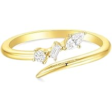 TIGRADE 14k Gold Plated Open Rings Dainty Baguette Marquise Round Cubic Zirconia Stackable Ring for Women Size 3-12